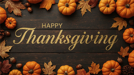 Happy Thanksgiving Greeting with Pumpkins and Autumn Leaves on Wooden Background. Thanksgiving greeting featuring orange pumpkins, autumn leaves, and acorns arranged around elegant Happy Thanksgiving.