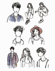 Naklejka premium Line Art Collection Faces and Abstract Figures. People in Casual Outfits with Accessories and Nature Elements.