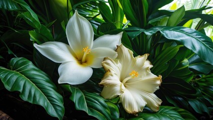 Fototapeta premium Tropical flowers, white lilies, surrounded by lush green leaves and foliage. Nature and botanical concept. Floral and plant imagery.
