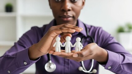 A healthcare professional in a purple shirt gently protects three small figures representing patients symbolizing care and support in a modern clinic setting with a stethoscope nearby