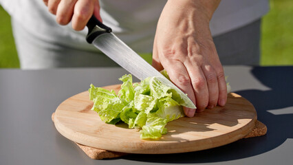 chef cuts fresh green romaine lettuce leaves