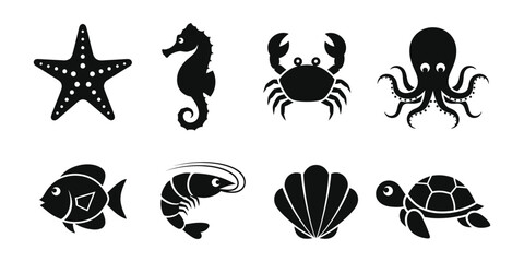 Collection of marine animals and sea creatures in silhouette
