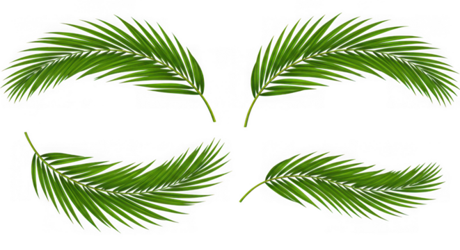 Four lush green palm fronds arranged in a decorative pattern isolated on transparent background - Powered by Adobe