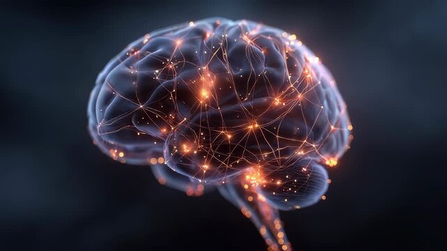 Artistic rendition showcasing a cyborg brain with illuminated neural connections symbolizing the fusion of technology and humanlike thinking evoking a sense of advanced cognitive capabilities.