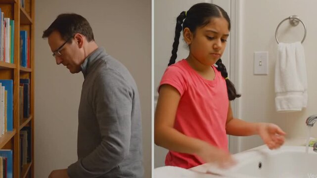 Split-Screen OCD Compulsion: Man Arranging Books and Girl Washing Hands Animation