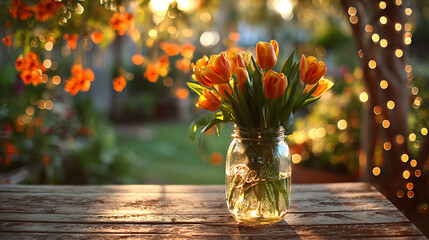 Orange tulips in glass jar on wooden table with bokeh lights flowers bouquet