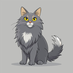 Obraz premium Gray cartoon cat is sitting with yellow eyes looking straight ahead calmly now