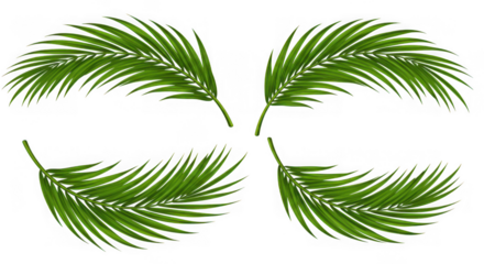 Four lush green palm fronds gracefully curved against a dark background isolated on transparent background