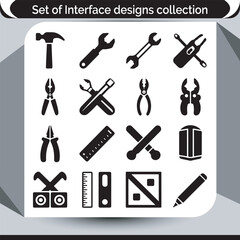 Monochrome Interface Designs Collection Featuring Various Hand Tools and Measuring Instruments for Construction and Engineering Projects