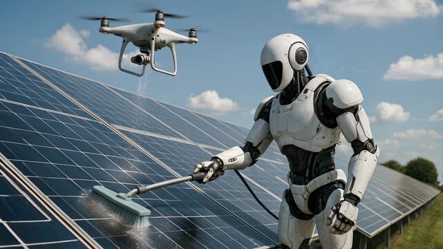 Futuristic video showing an AI humanoid robot and drone working together to clean solar panels on farm showcasing the future of renewable energy maintenance.The synergy of automation and green energy
