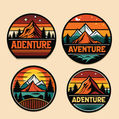 Four badges feature mountains, trees, and sunset with 'Adventure' inscription and vintage aesthetic