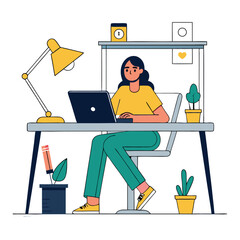 Fototapeta premium Darkhaired woman works at her laptop, sitting at a desk filled with plants