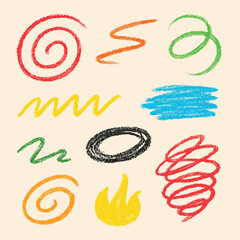 Colorful Scribbled Doodles and Abstract Shapes in Chalk Art Style on Light Background
