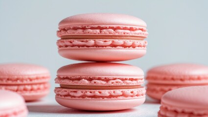 Obraz premium Pink macarons stacked with other macarons in the background. Great for dessert or sweet treats.