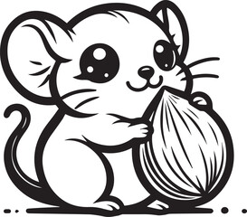 Adorable mouse holding nut in black and white illustration for children's book or logo design