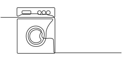 continuous one line drawing of washing machine, Clothes washing machine outline drawing illustration,   Laundry washing machine in single line draw vector illustration. Editable vector. 