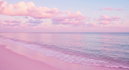 Gentle waves wash over a pink-hued beach under a breathtaking sky filled with colorful clouds at dusk