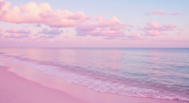 Gentle waves wash over a pink-hued beach under a breathtaking sky filled with colorful clouds at dusk