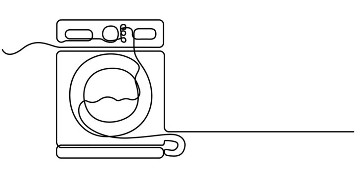 continuous one line drawing of washing machine, Clothes washing machine outline drawing illustration,   Laundry washing machine in single line draw vector illustration. Editable vector. 