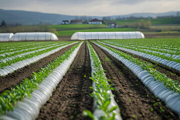 Obraz premium Modern agricultural field with rows of crops and greenhouses in a scenic rural setting