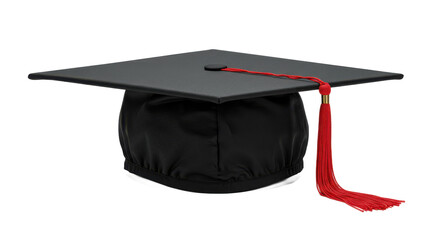 Black graduation cap with red tassel isolated on transparent background