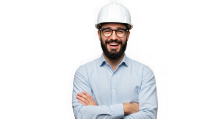 Happy bearded man wearing safety hard hat and glasses with arms crossed isolated on transparent background