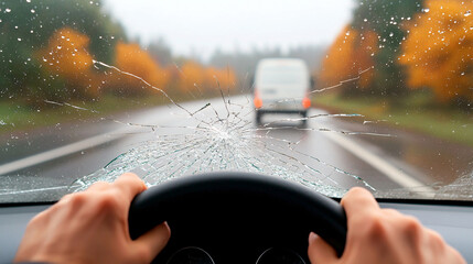 Shattered Windshield View of Road After Car Accident on a Rainy Day
