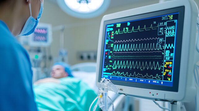 Patient monitor displaying vital signs in hospital operating room during surgery