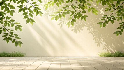 Sunlit leaves casting shadows creates a serene natural backdrop for product promotion and branding