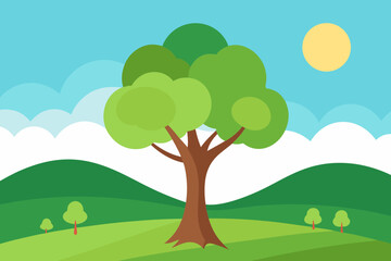 Fototapeta premium Stylized illustration of a large tree in a green landscape under a blue sky with clouds and sun