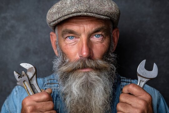 Portr&auml;t eines &auml;lteren Handwerkers mit Bart und Werkzeugen