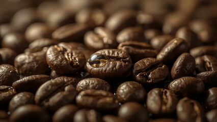 Photorealistic Macro Shot of Freshly Roasted Coffee Beans with a Single Reflective Water Droplet - Perfect for Coffee Concepts