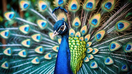 Obraz premium Peacock displaying its colorful feathers with vibrant blue and green hues.