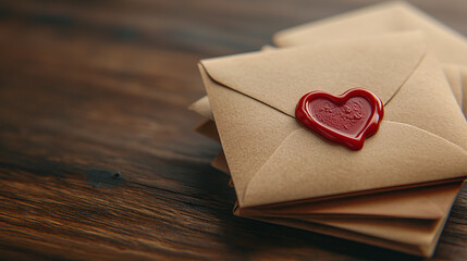 Stack of Envelopes Sealed with a Red Heart Wax Seal on Wood
