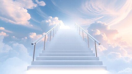 Fototapeta premium A stairway to heaven with white steps leading to a bright light surrounded by fluffy clouds and blue sky