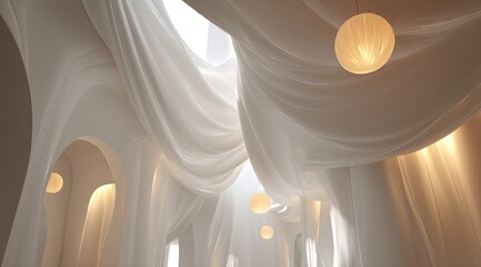Soft, flowing white fabric drapes a modern, arched interior, lit by warm light