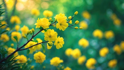 Yellow blooming flowers on a branch with a blurred green background.