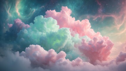 Fototapeta premium Colorful clouds in the sky with a cosmic background, featuring pink, green, and purple hues. Atmospheric and celestial scene with vibrant cloud formations.