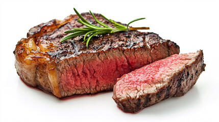 Perfectly Cooked Medium Rare Steak with Rosemary on a White Background