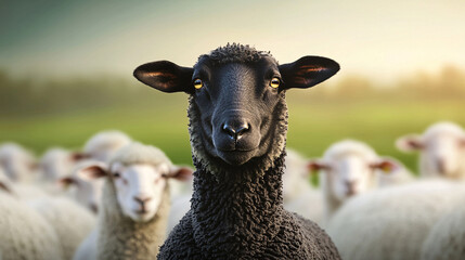 Fototapeta premium Portrait of a Black Sheep with Yellow Eyes in a Field