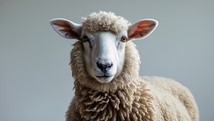 Fototapeta premium A sheep with fluffy wool and a calm expression, facing the camera against a plain background.