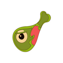 Green zombie chicken leg with eyeball and muscle exposed. Gross cute Halloween fast food in kawaii style on transparent background.