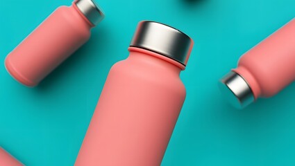 Pink Water Bottles on Vibrant Teal Background