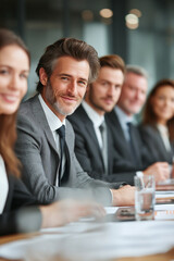 A diverse group of business professionals sit together at a conference table, smiling and engaged in a meeting, creating a positive and collaborative atmosphere in a modern office setting.
