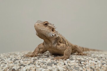 Fototapeta premium Bearded dragon posing on rock, blurred background, pet reptile portrait