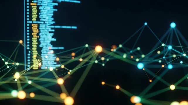 Abstract digital network visualization with glowing nodes and connecting lines representing data flow set against a dark background with code snippets ideal for technology and innovation themes