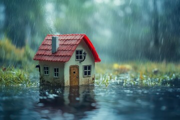 A miniature house is submerged in water during a heavy rainstorm
