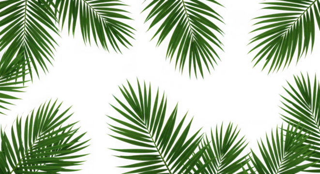 Vibrant green palm fronds framing a dark center isolated on transparent background