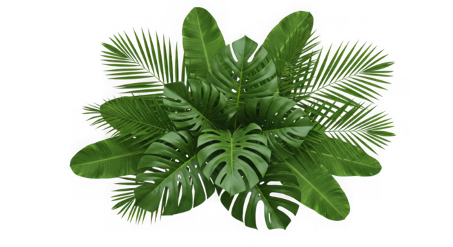 A lush arrangement of tropical palm and monstera leaves creating a vibrant natural pattern isolated on transparent background