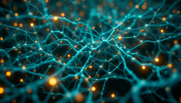 Glowing Teal Neural Network with Orange Synapses on Dark Abstract Background - Brain Activity, Artificial Intelligence, and Machine Learning Concept - Powered by Adobe